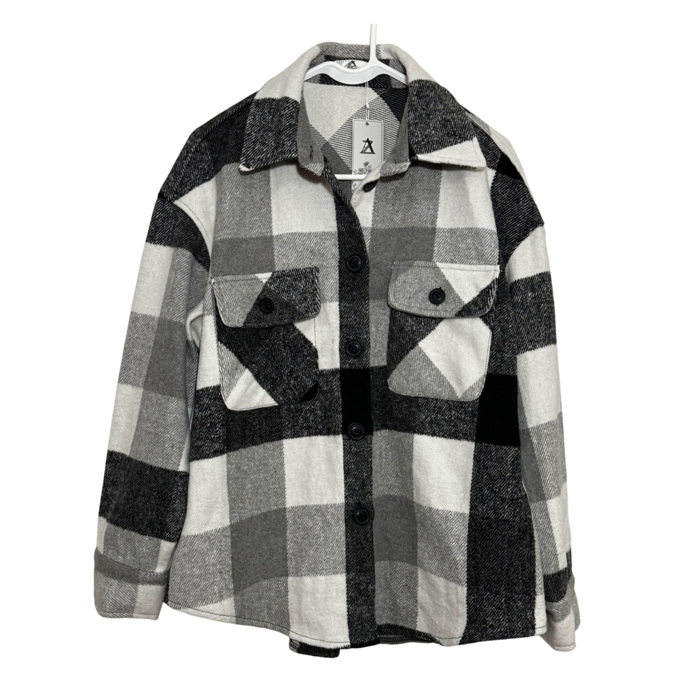AZ Women Plaid Shacket Black White Grey Buffalo Check Cotton Shirt Jacket M/L